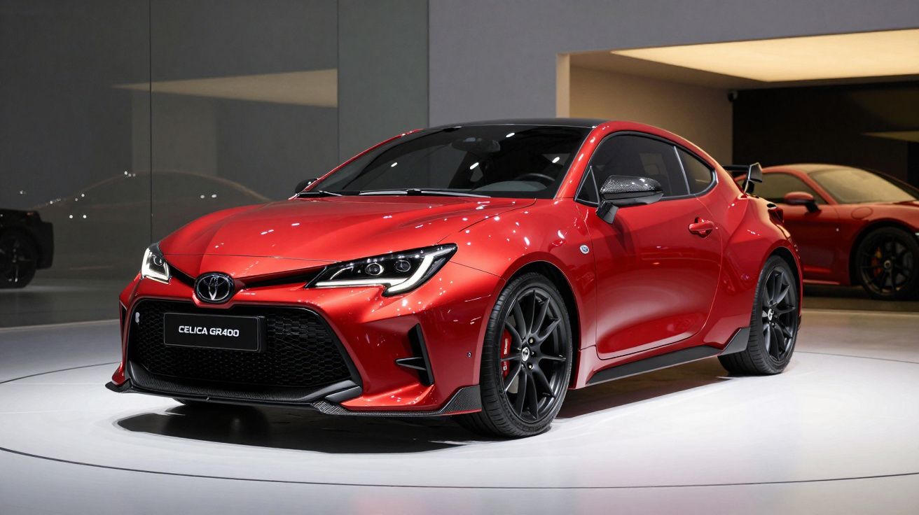 Carro desportivo Toyota Celica GR400 vermelho com design moderno e rodas pretas exposto em showroom.