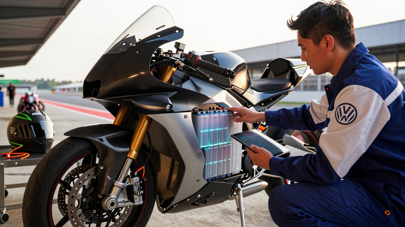 Homem verifica componente da bateria numa mota elétrica desportiva numa garagem de competição.