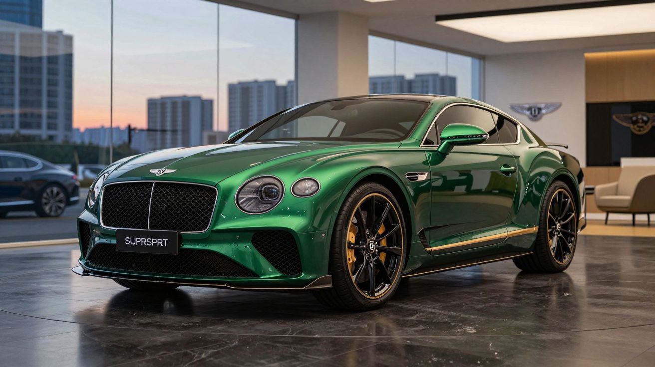 Automóvel desportivo Bentley verde metálico estacionado em showroom moderno com janelas amplas.