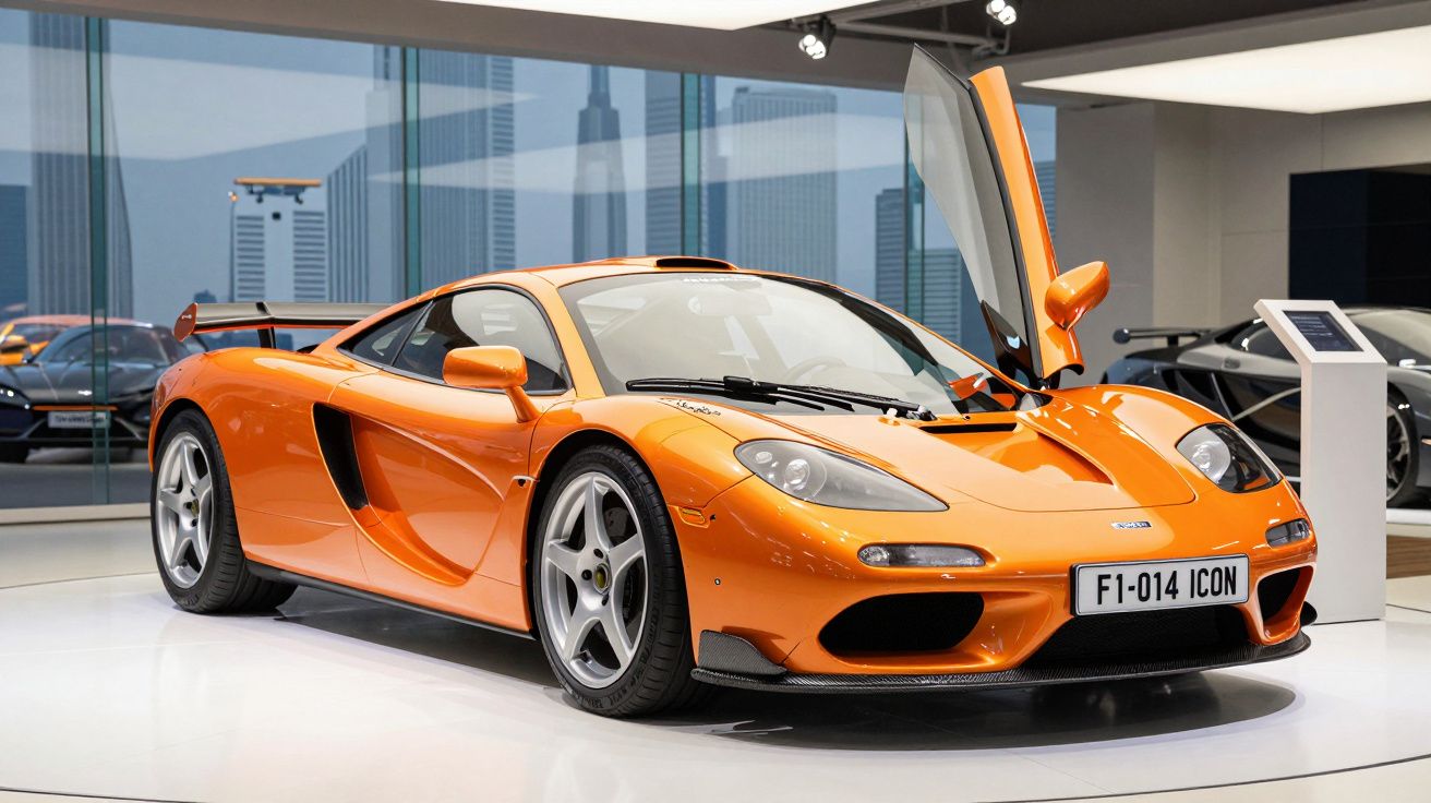 Carro desportivo laranja McLaren F1 com porta em asa de gaivota aberto em exibição interior.