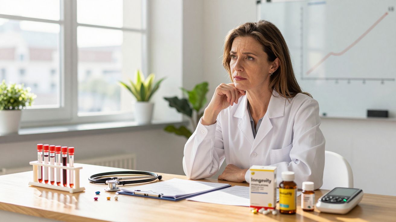 Médica pensativa sentada numa mesa com amostras de sangue, medicamentos e estetoscópio num consultório iluminado.