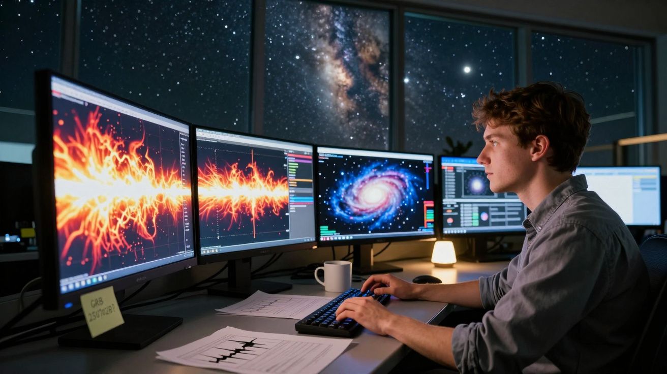 Jovem a analisar gráficos e imagens do universo em vários ecrãs, com céu estrelado visível pela janela.