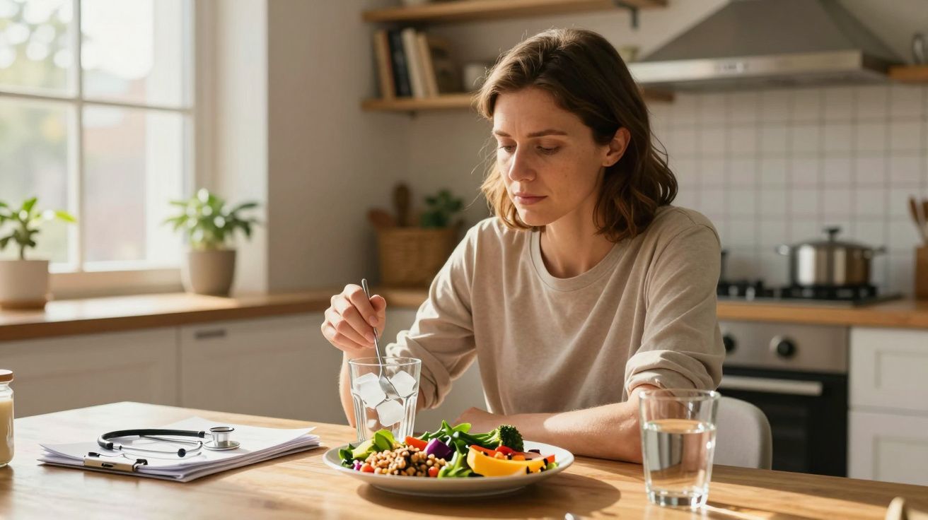 Mulher sentada à mesa na cozinha, com prato de comida saudável e copo de água à frente.