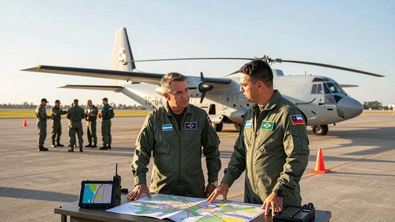Dois militares a analisar mapas numa mesa ao ar livre, com avião militar e mais soldados ao fundo.