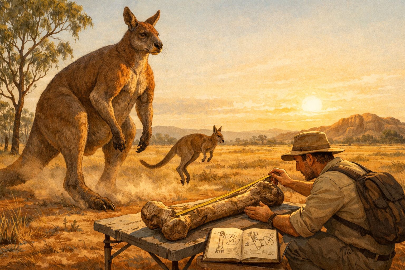 Homem a medir osso fóssil gigante ao ar livre, dois cangurus ao fundo ao pôr do sol.