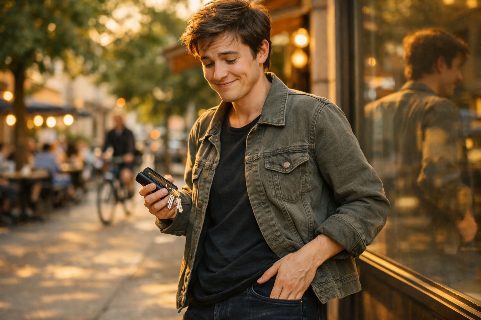 Jovem sorridente a segurar chaves e telemóvel numa rua movimentada ao entardecer.