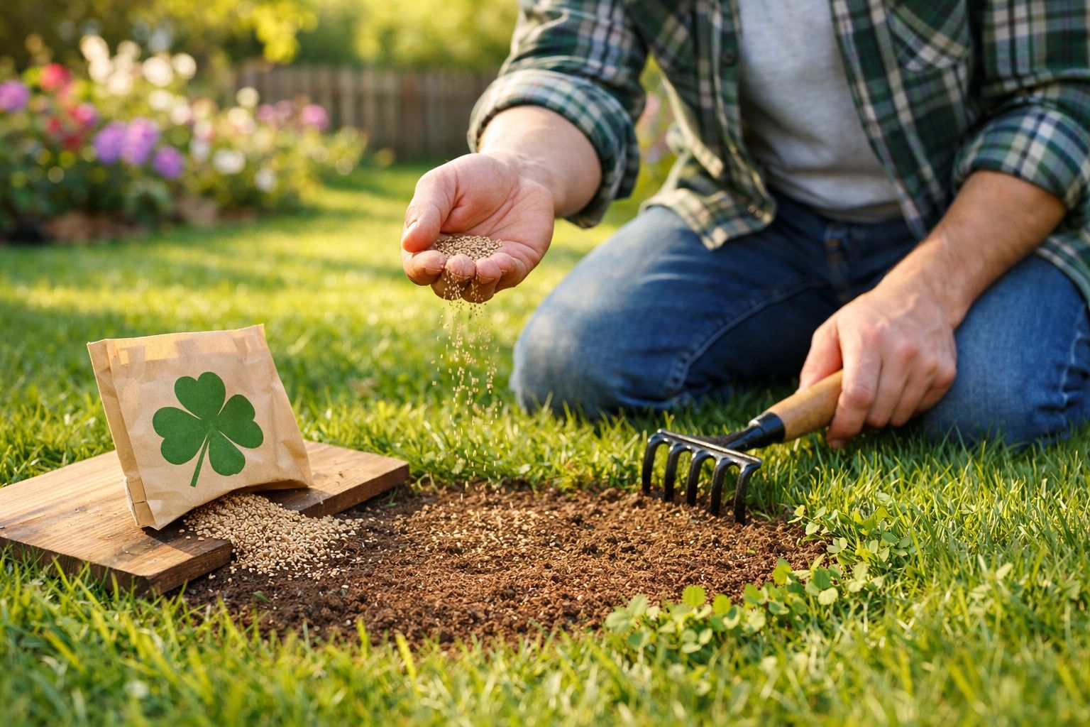 Pessoa semeando sementes num pequeno terreno de relva com um ancinho, saco de sementes com trevo ao lado.