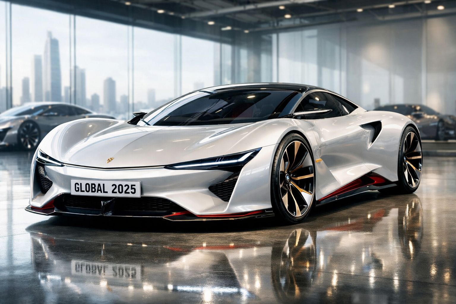 Carro desportivo eléctrico branco com design futurista e matrícula GLOBAL 2025 num showroom moderno.