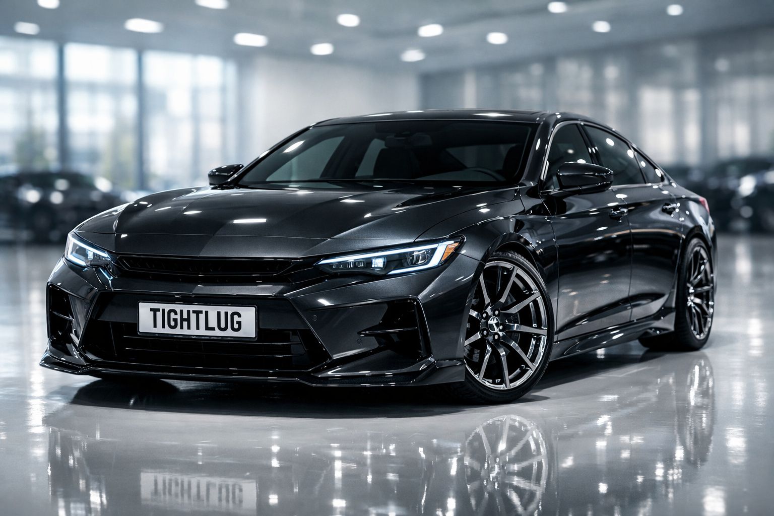 Carro desportivo preto com faróis LED, rodas de liga leve e placa com texto "TIGHTLUG" em ambiente interior.