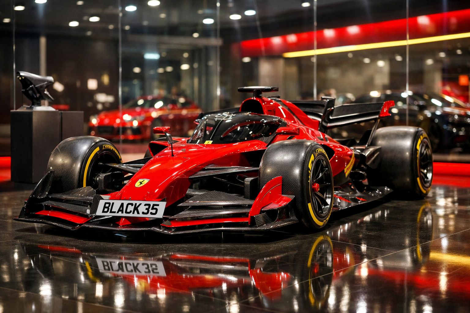 Carro de corrida Fórmula 1 vermelho da Ferrari exposto em museu com rodas Pirelli e detalhes aerodinâmicos.