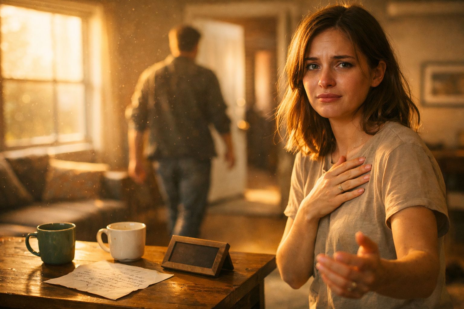 Mulher triste estende a mão enquanto homem sai pela porta num ambiente iluminado pela luz do dia.