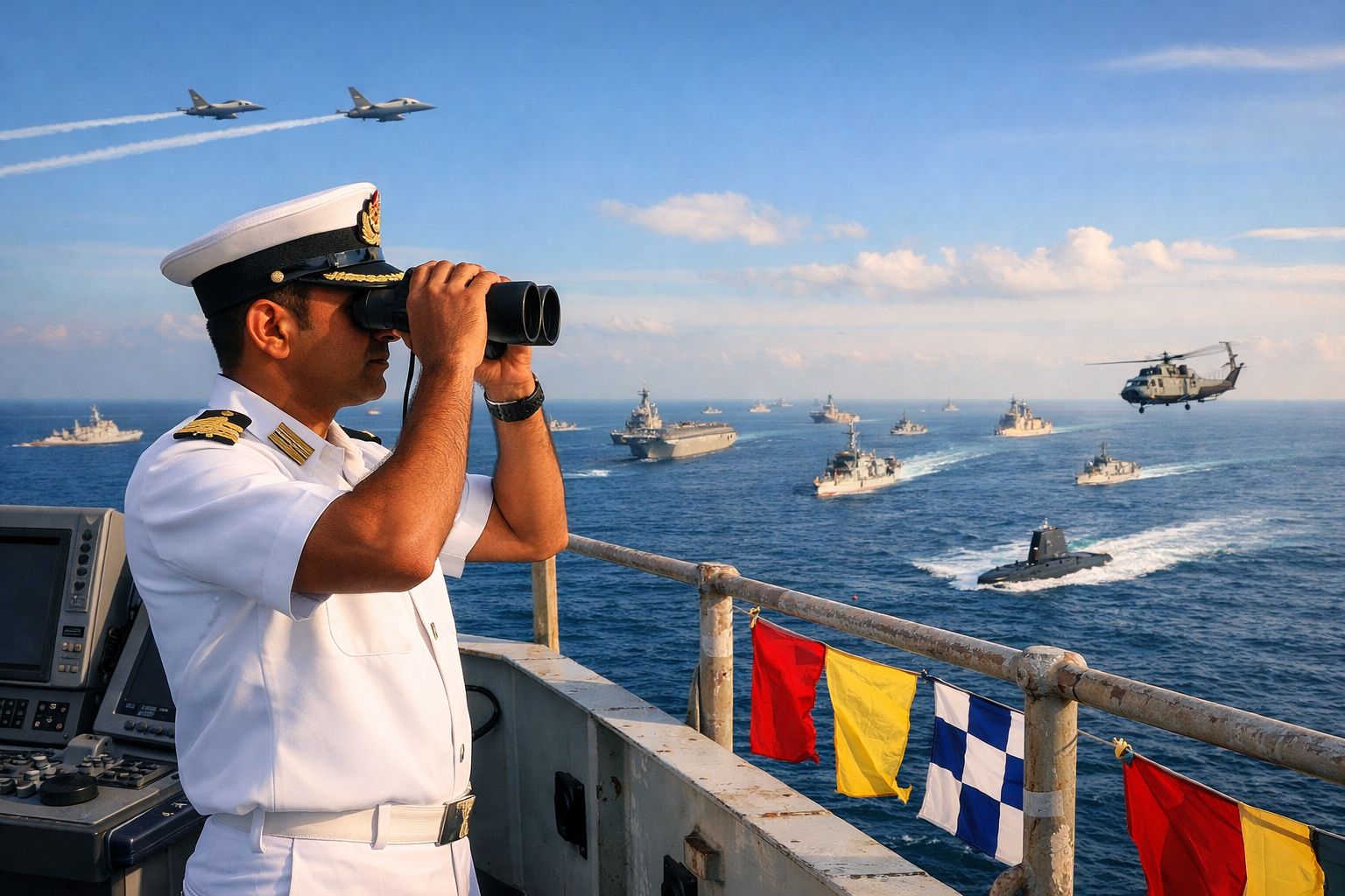 Oficial naval em uniforme branco observa com binóculos esquadrilha naval com navios, submarino, helicóptero e aviões sobre o 