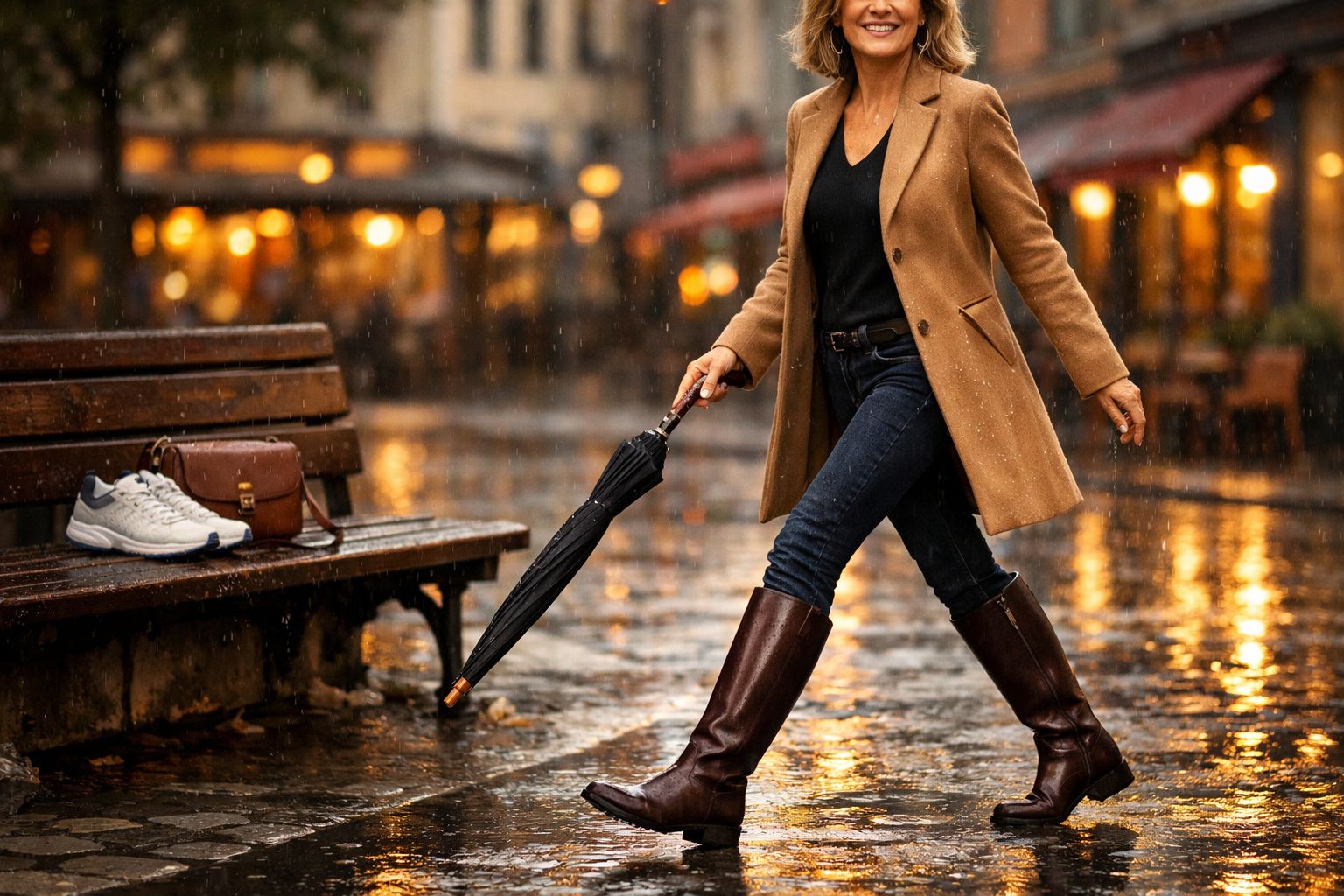 Pessoa a caminhar na chuva numa rua molhada com guarda-chuva fechado e casaco castanho.