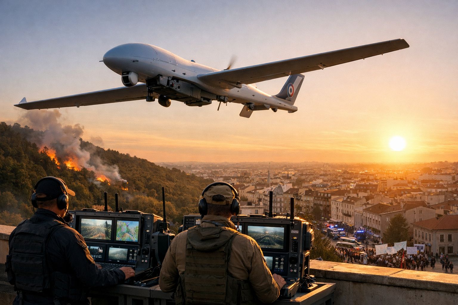 Dois operadores militares controlam drone aéreo durante incêndio florestal com cidade ao fundo ao pôr do sol.