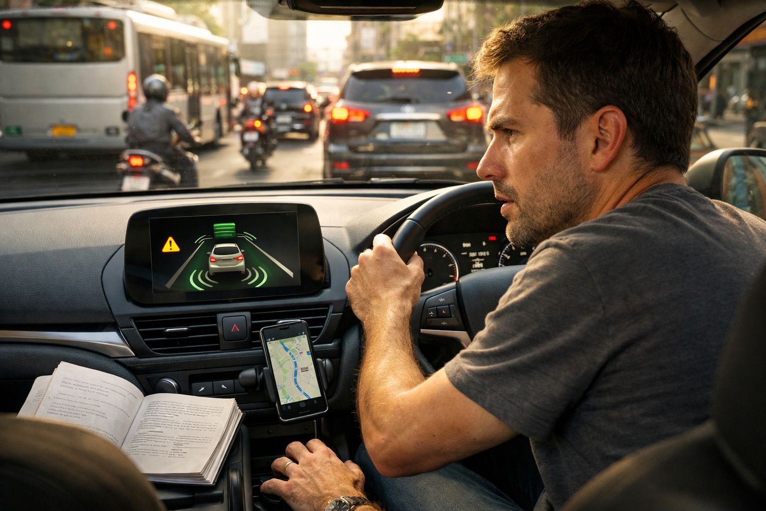 Homem a conduzir em trânsito urbano intenso com sistema de assistência e GPS ativo no carro.