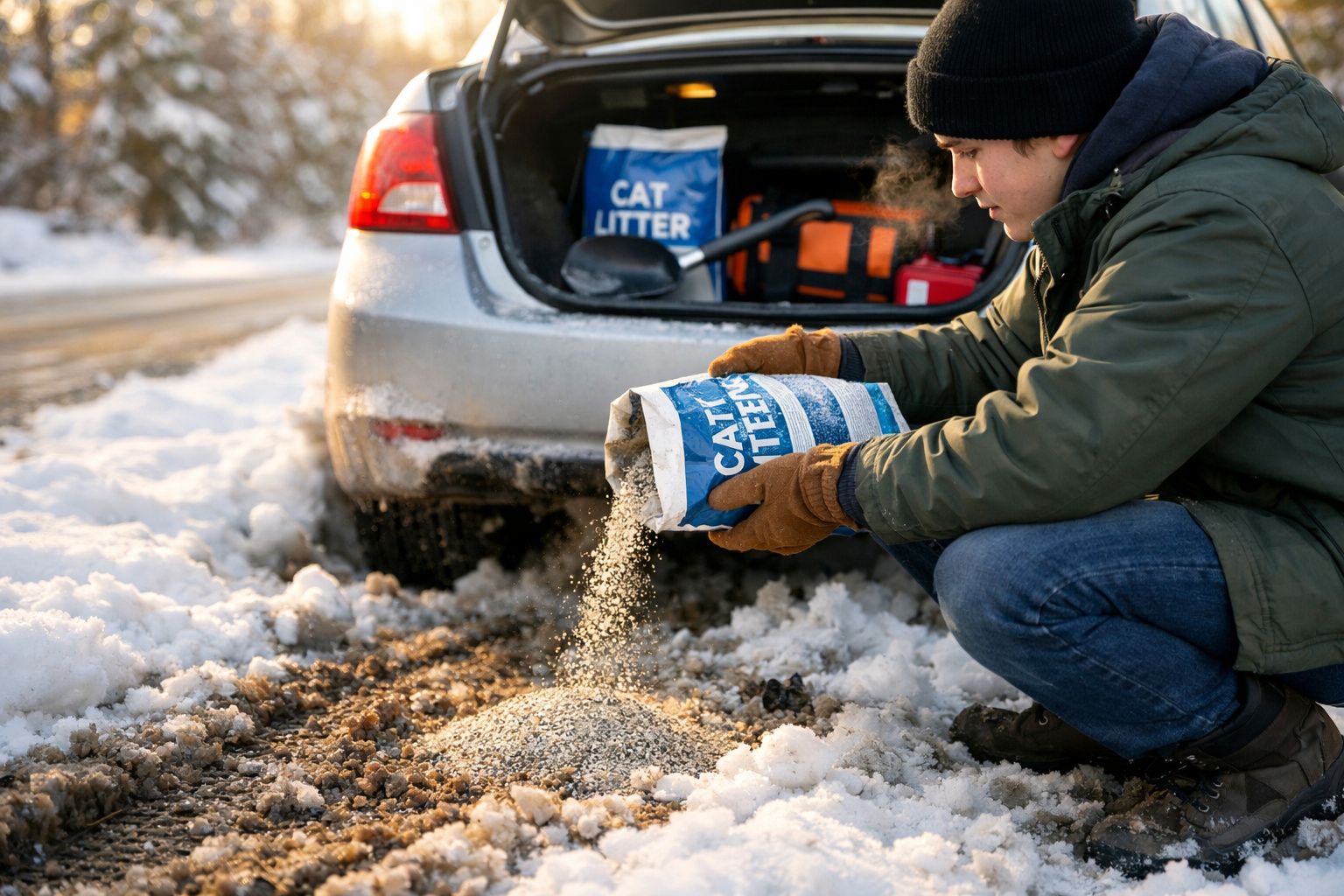 Pessoa a deitar areia para degelos na neve junto a carro com bagageira aberta na neve.