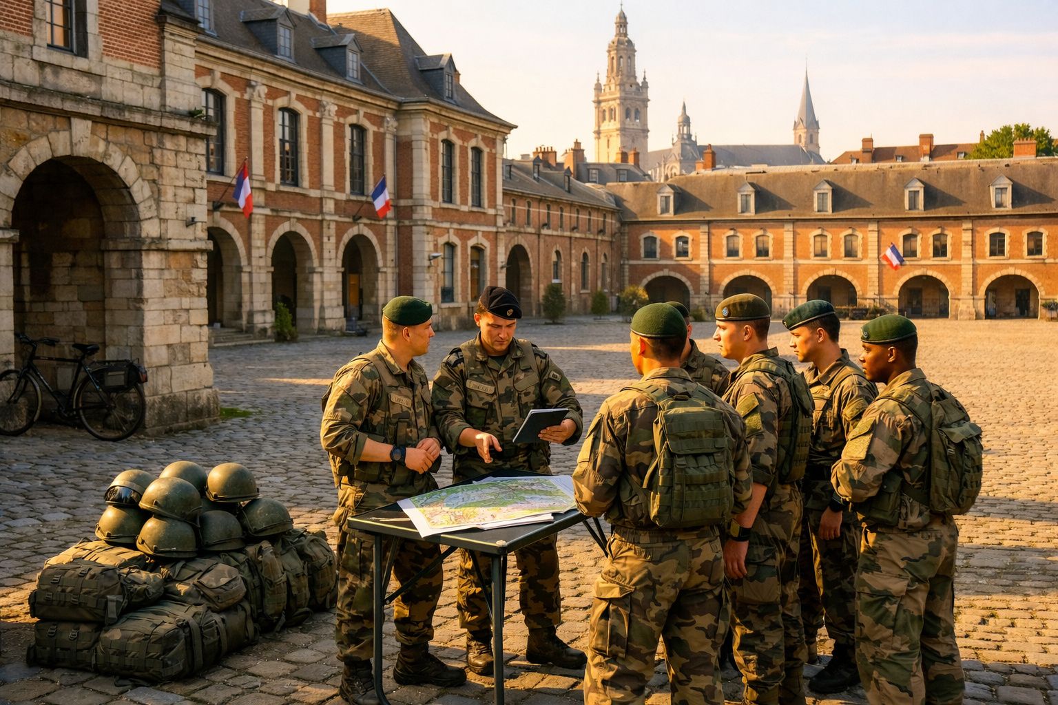 Grupo de soldados em uniforme militar reunidos em pátio histórico a analisar mapa e tablet.