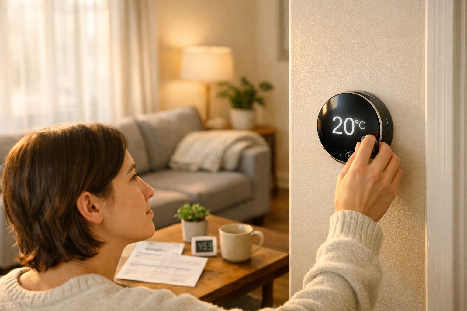 Pessoa ajusta termóstato digital a 20 graus numa sala acolhedora com sofá e mesa de café.