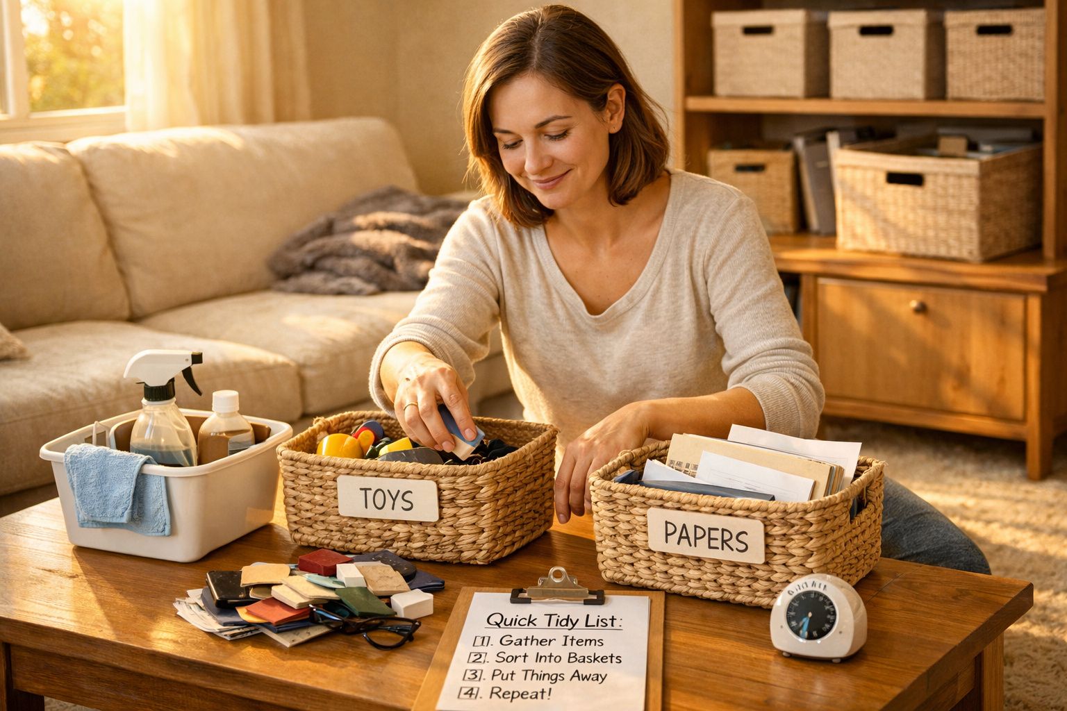 Mulher a organizar brinquedos e papéis em cestos, com produtos de limpeza numa sala acolhedora.
