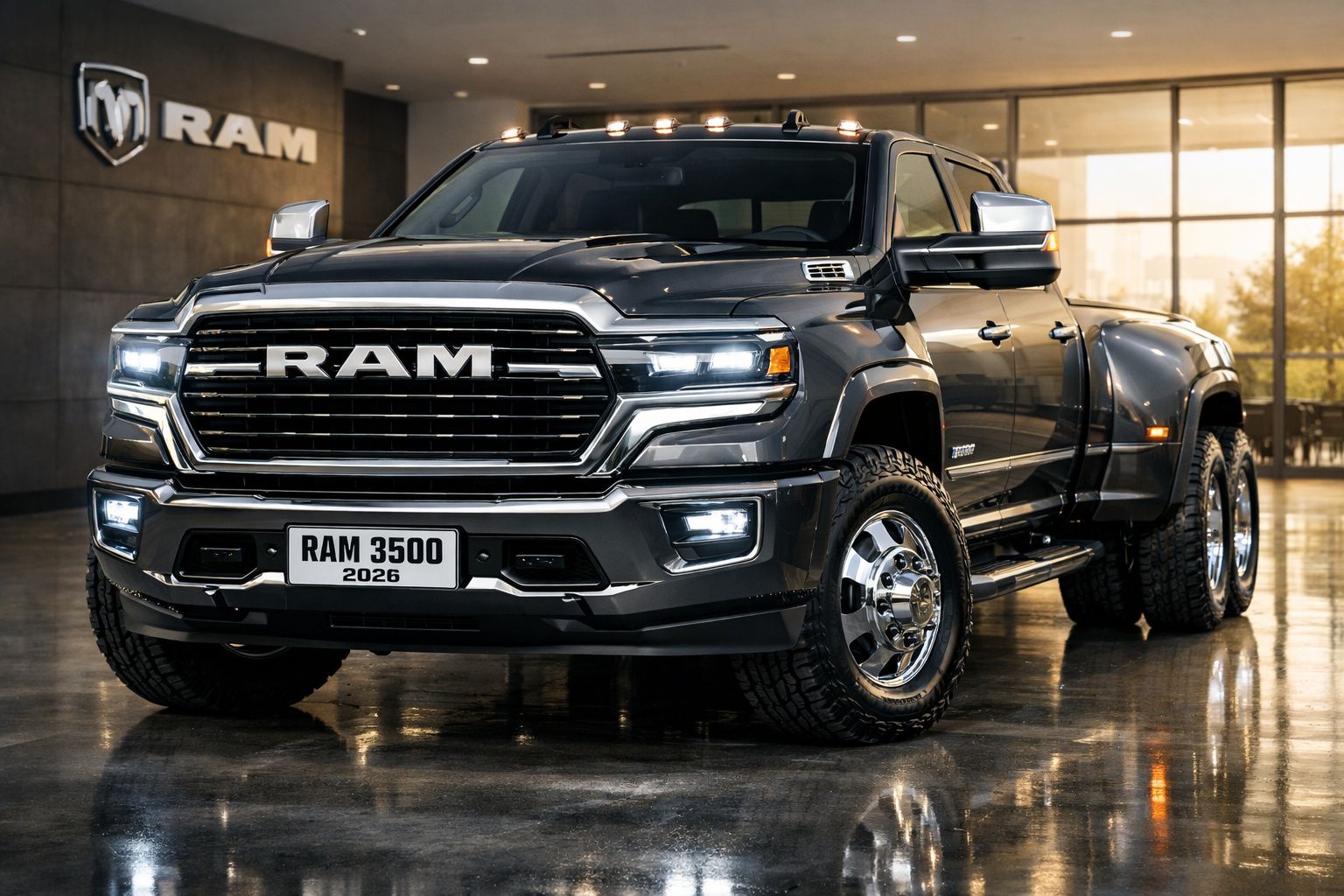 Picape RAM 3500 2026 preta, vista frontal, em espaço interior iluminado.