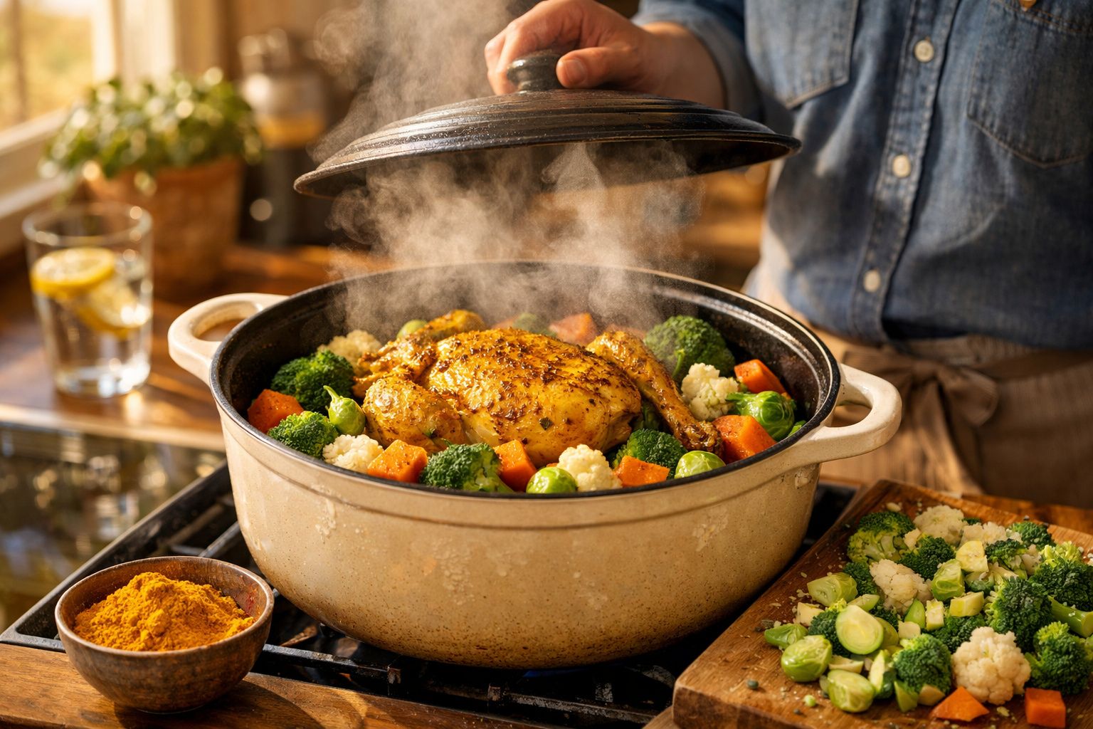 Frango assado com legumes variados numa panela, com vapor a sair ao levantar a tampa.