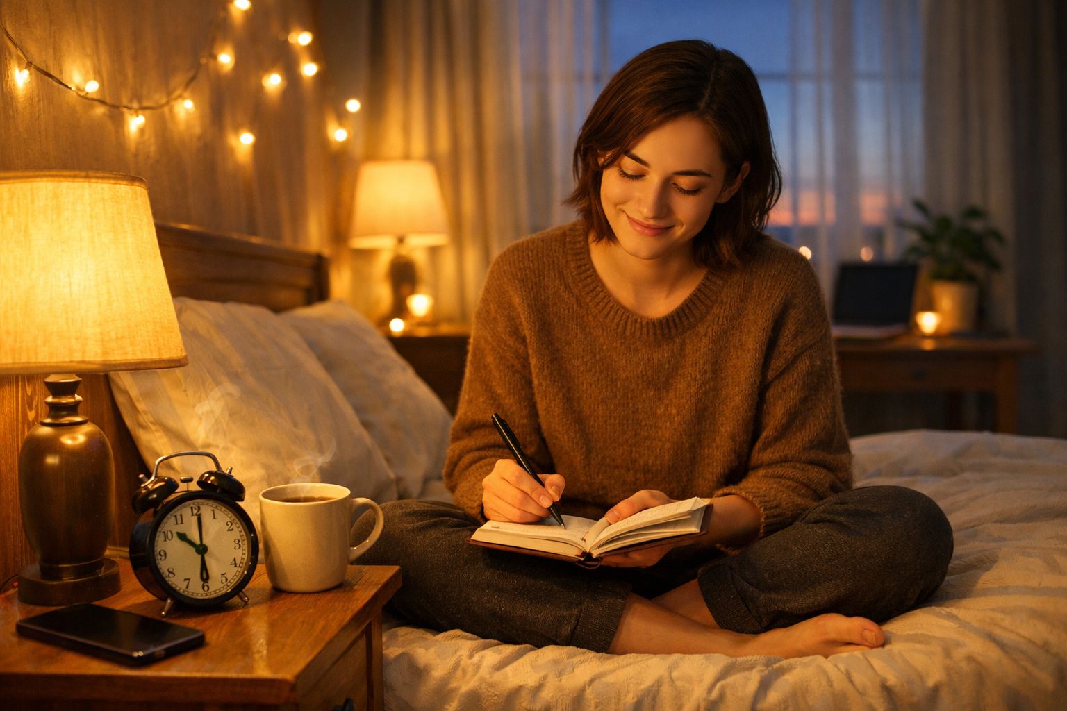 Mulher sentada na cama, a escrever num caderno, numa divisão acolhedora iluminada por luzes suaves e lâmpadas.
