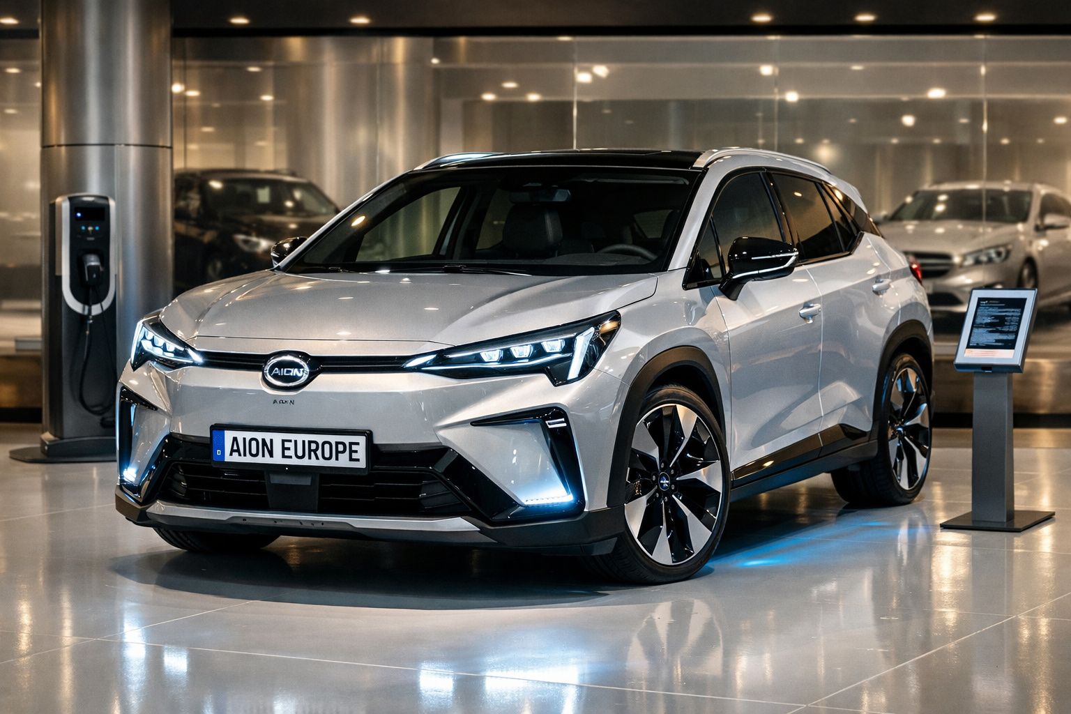 Carro elétrico cinzento Aion Europe exposto em salão com iluminação moderna e carregador ao lado.