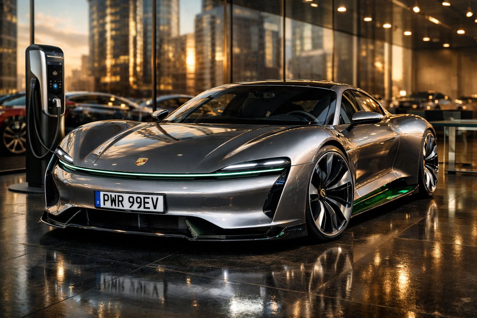 Carro desportivo elétrico cinzento a carregar numa estação de carregamento num ambiente urbano moderno.