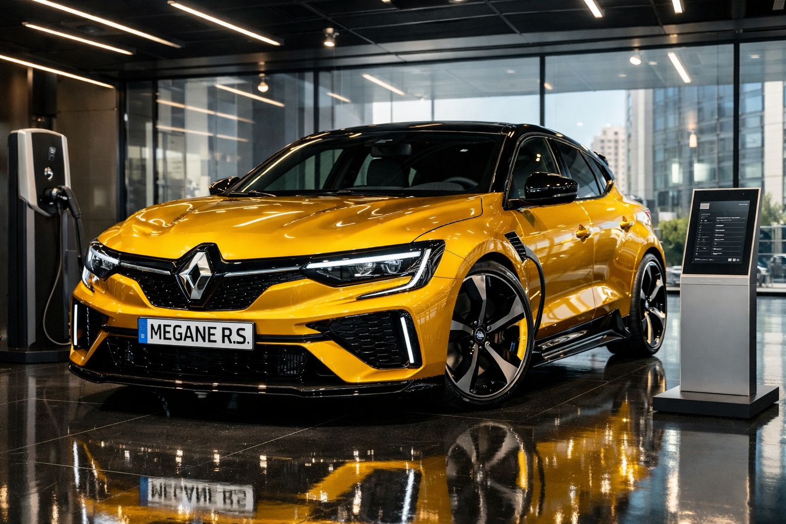 Renault Megane R.S. amarelo estacionado numa garagem moderna com carregador elétrico ligado.