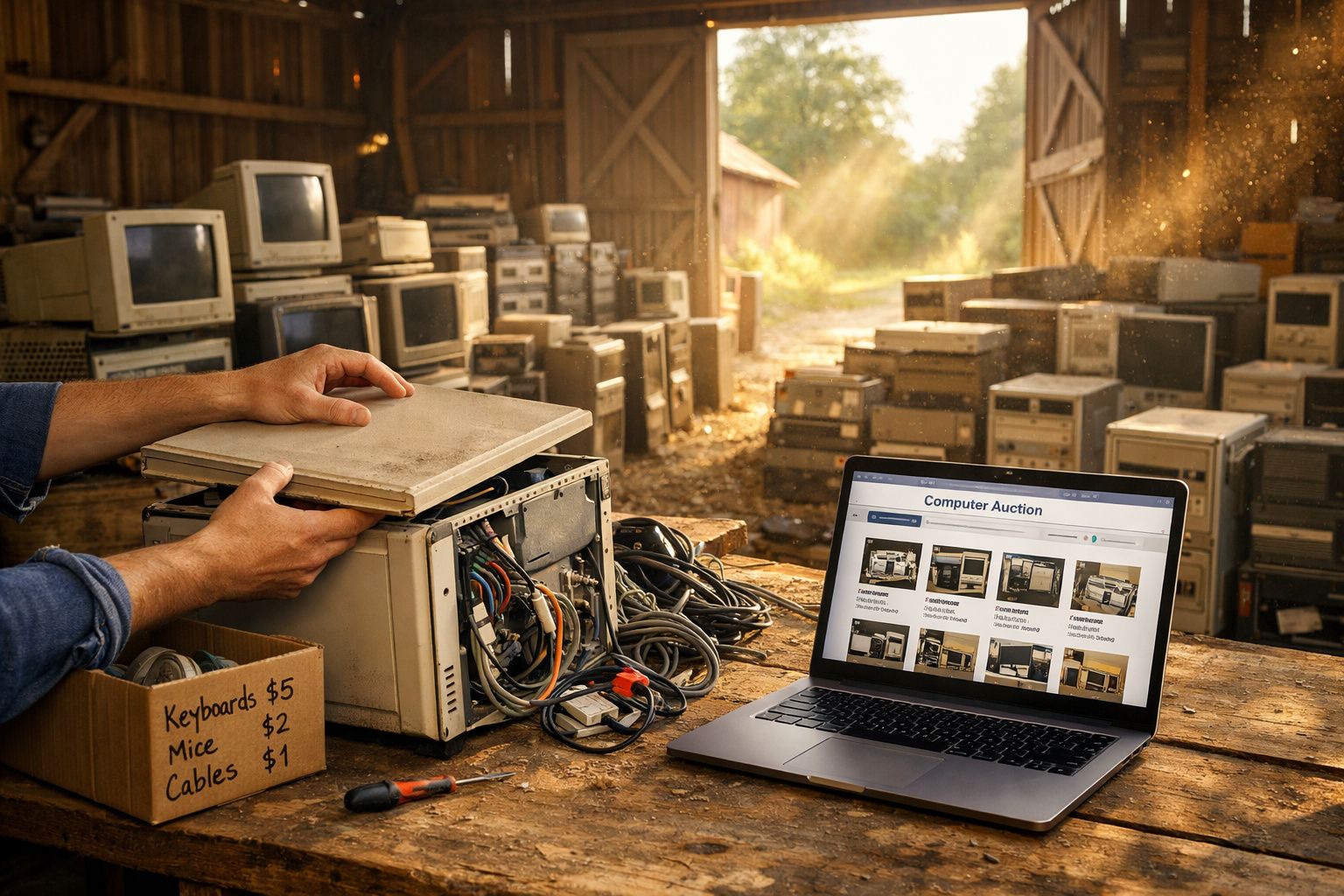 Pessoa a abrir um computador antigo numa garagem cheia de computadores vintage e portátil com site de leilão online.