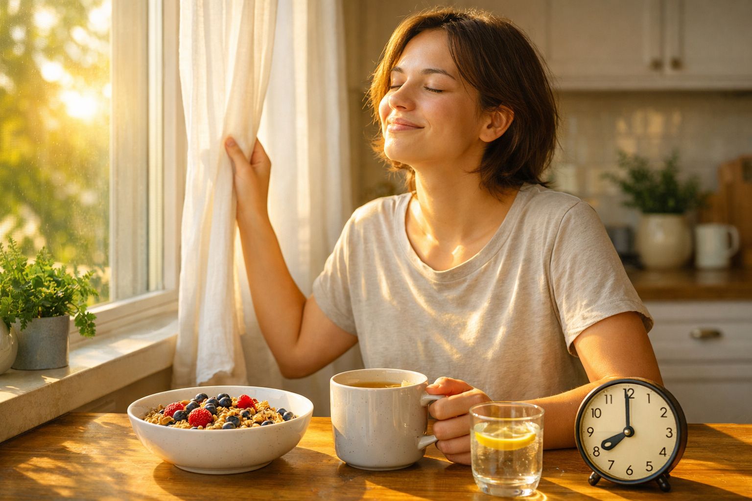 Mulher sentada à mesa junto à janela, desfrutando do pequeno-almoço com granola, chá e água com limão.