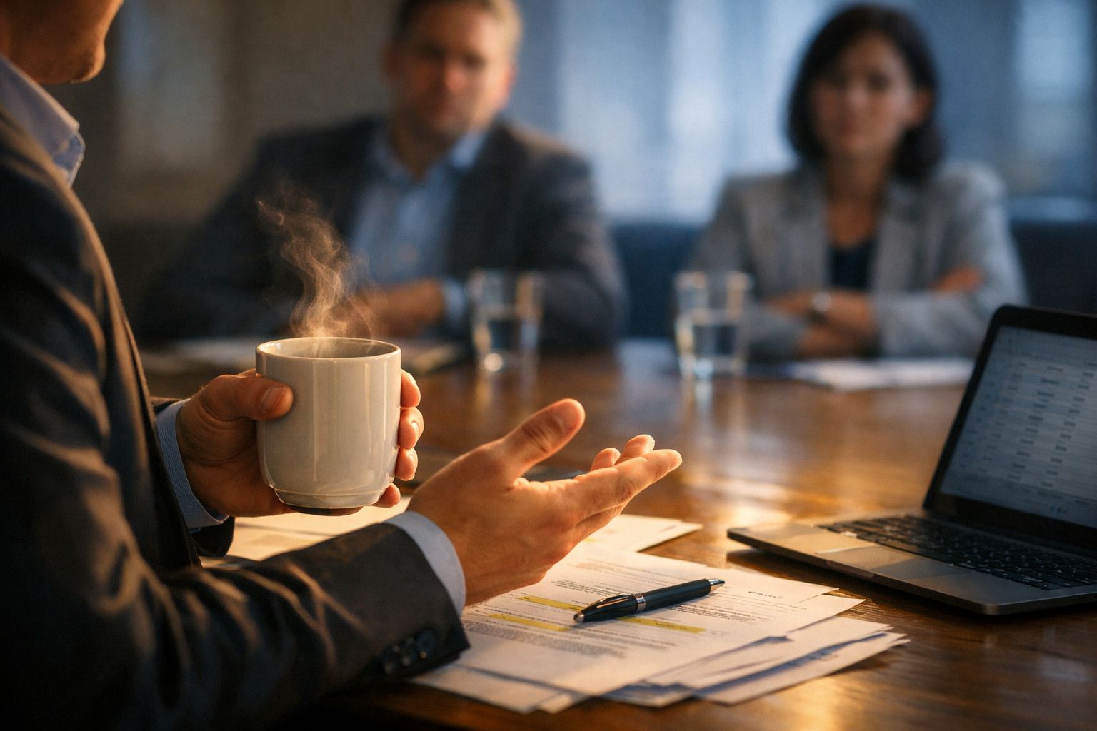 Pessoa a segurar uma chávena de café quente em reunião de trabalho com colegas e computador portátil na mesa.