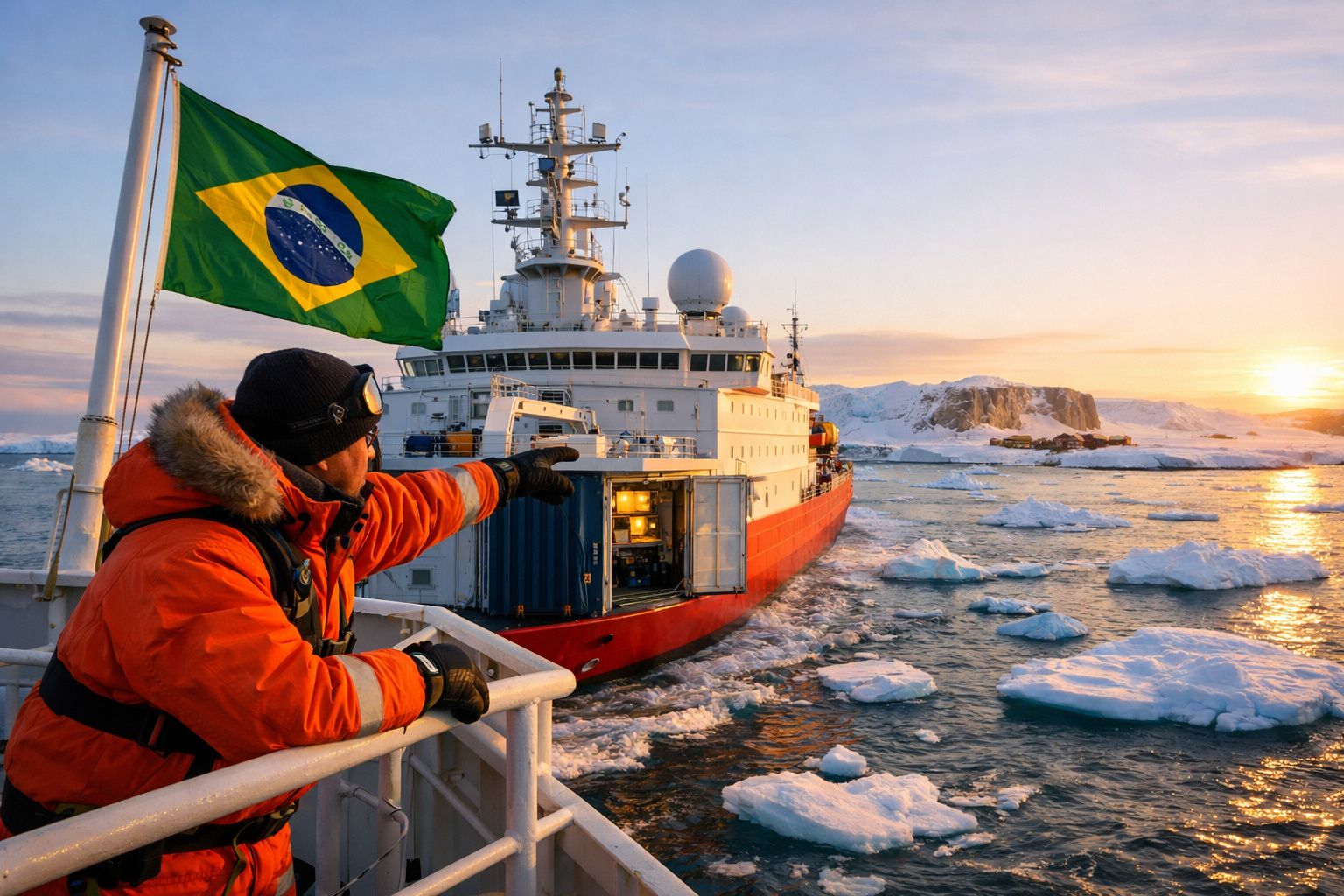 Pessoa com roupa de frio aponta para navio brasileiro em mar com blocos de gelo ao pôr do sol.