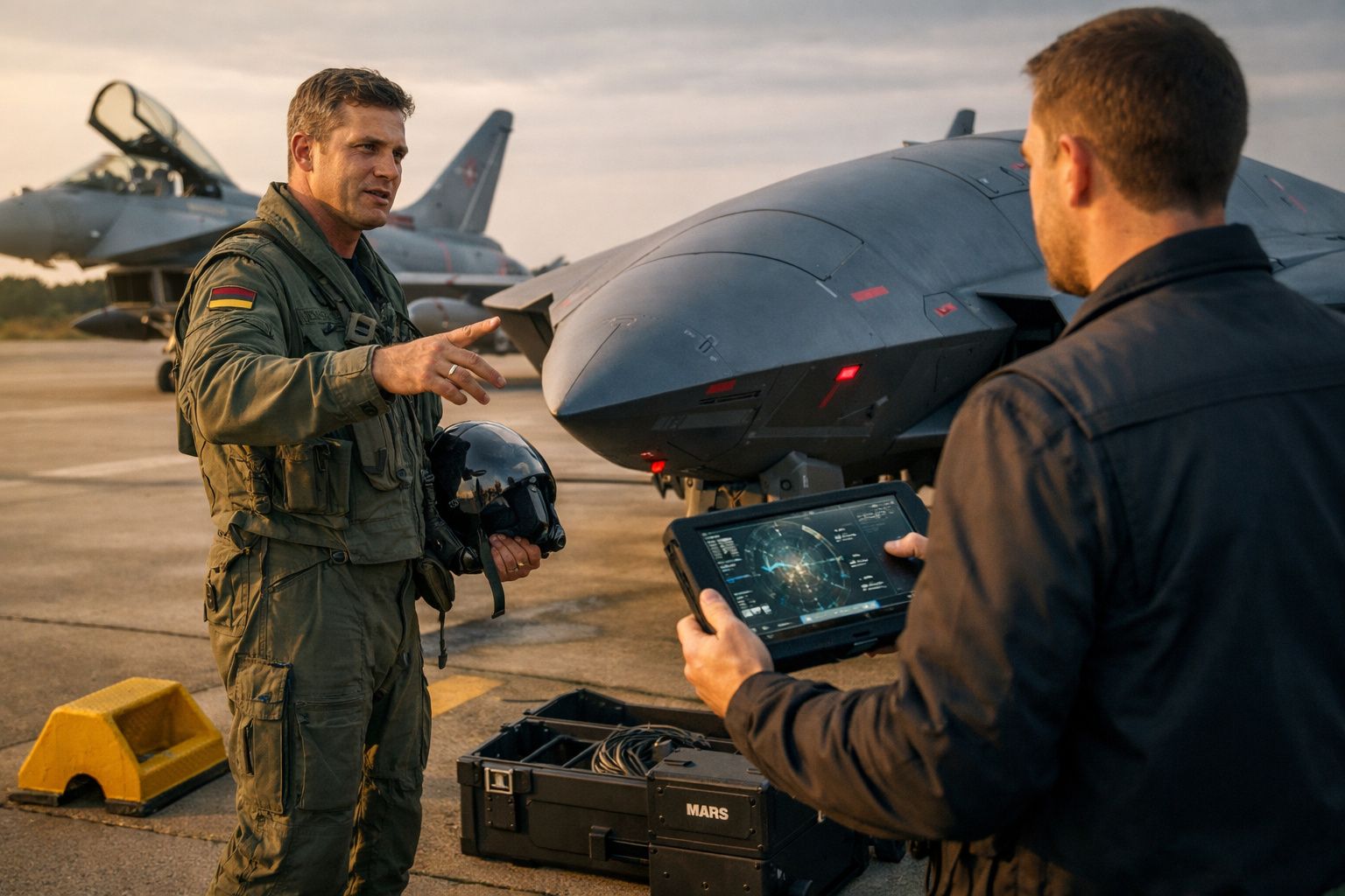 Dois militares junto a um drone militar e um caça, um segura tablet com dados e o outro um capacete.
