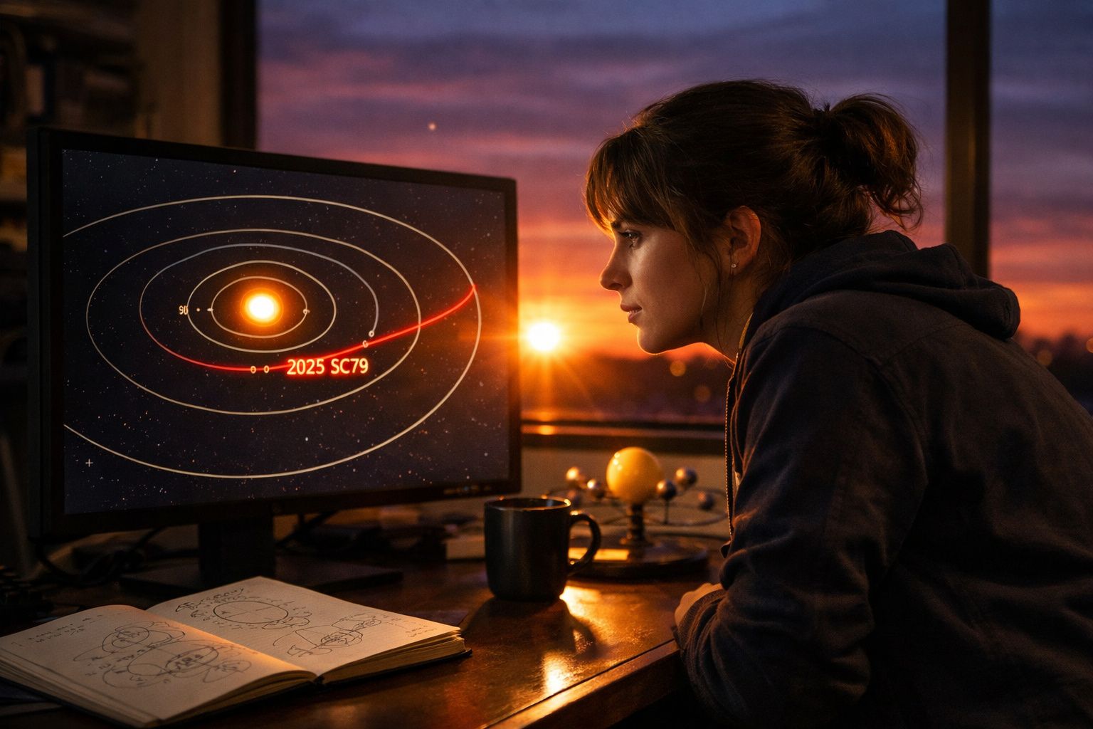 Mulher observa trajectória de asteroide no sistema solar num ecrã durante pôr-do-sol.