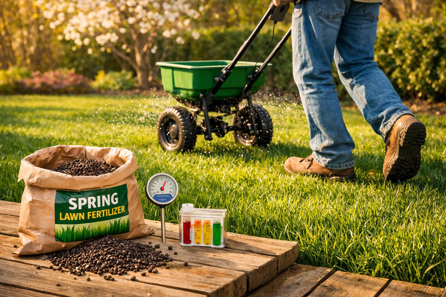 Pessoa a espalhar fertilizante num relvado verde com saco de fertilizante, medidor e tubos de ensaio.