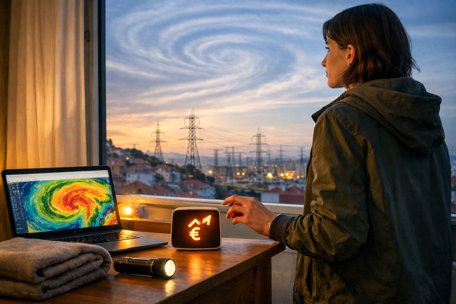 Pessoa olha para previsão meteorológica no portátil, com luz indicadora de subida de custos na secretária à hora do pôr do so