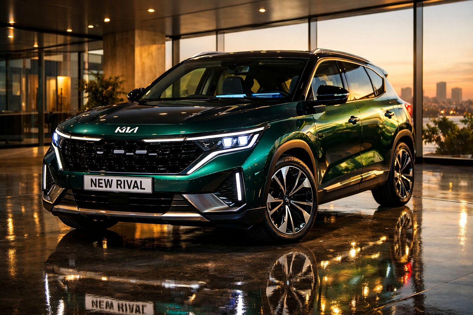 SUV Kia New Rival verde estacionado em ambiente interior com luzes acesas ao entardecer.