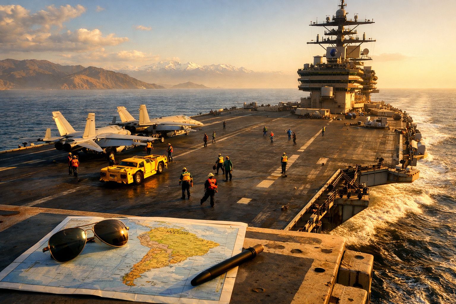 Porta-aviões no mar ao pôr do sol com aviões de caça e tripulação em missão, mapa e óculos no convés.