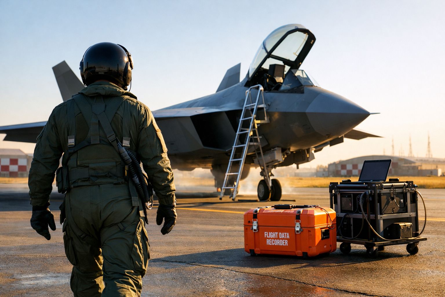 Piloto militar de costas a aproximar-se de avião furtivo estacionado no aeroporto com equipamento técnico próximo.