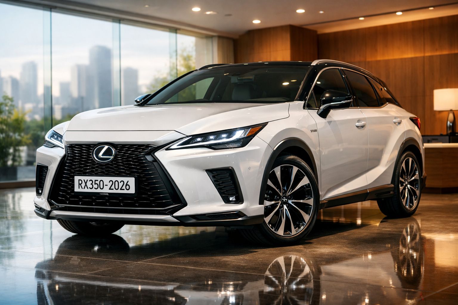 Lexus RX350 branco 2026 estacionado em interior moderno com janelas e iluminação natural.
