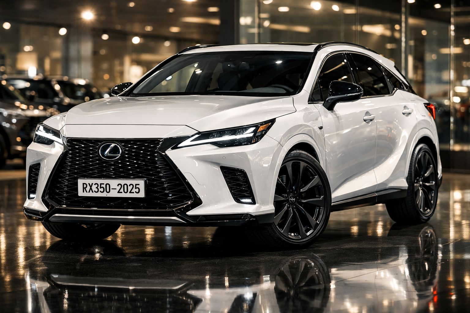 Carro Lexus RX350 branco 2025 com faróis LED, grelha preta e jantes desportivas num showroom iluminado