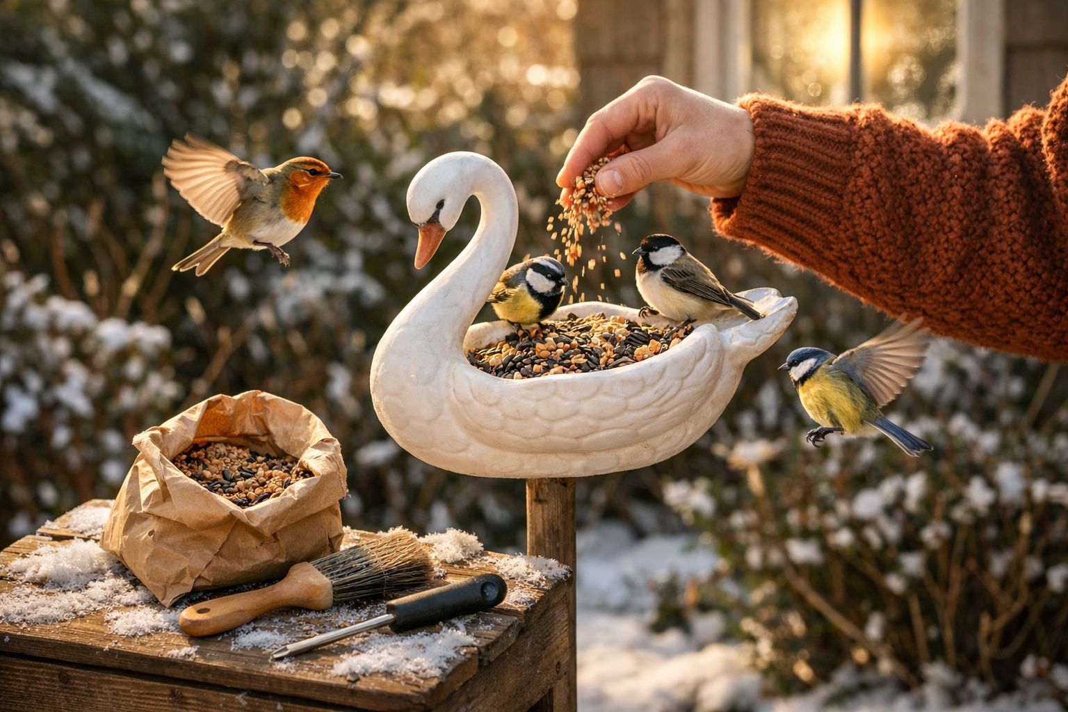 Mão a alimentar pássaros com sementes num comedouro branco em forma de cisne no exterior com neve.
