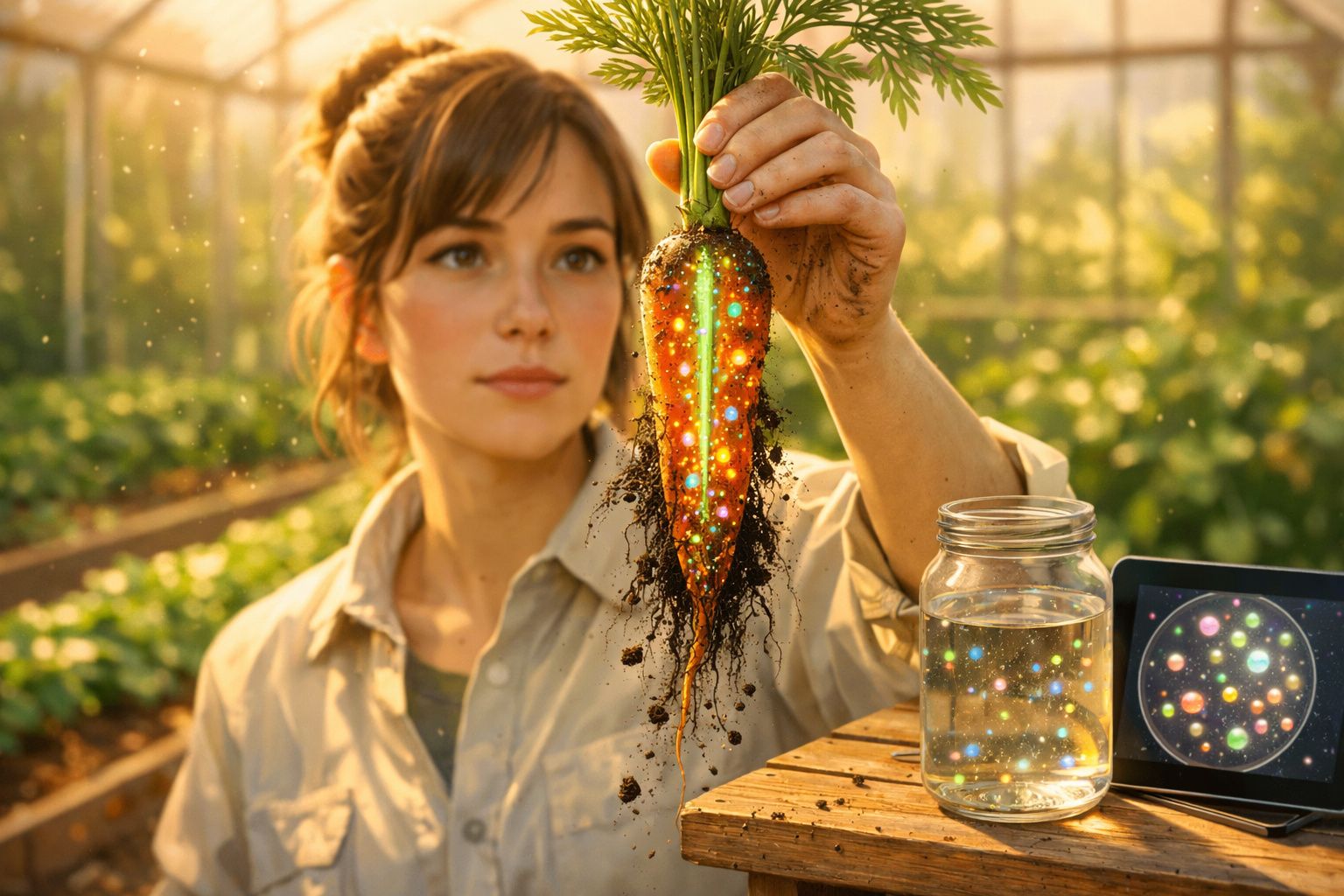Mulher a segurar cenoura com visualização digital de dados genéticos num campo agrícola ao pôr do sol.