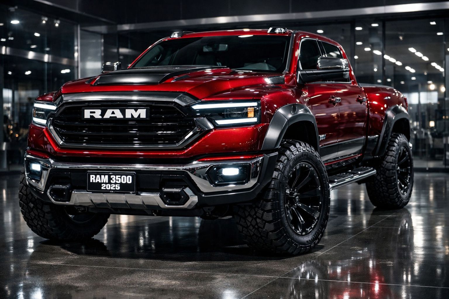 Pick-up RAM 3500 vermelha 2025 em destaque num ambiente interior moderno e iluminado.
