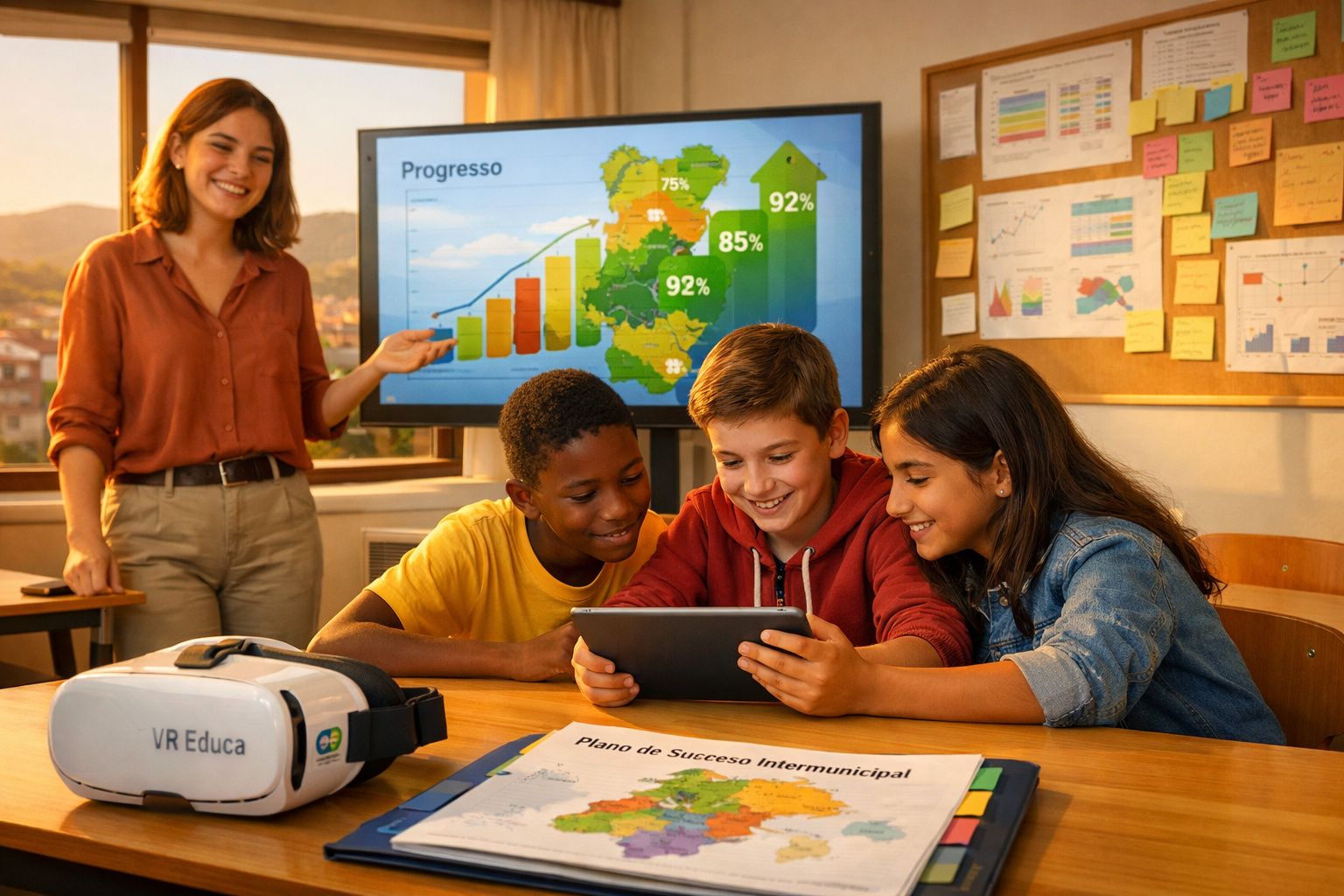 Três crianças usam um tablet numa sala de aula, enquanto professora apresenta gráfico de progresso no ecrã.