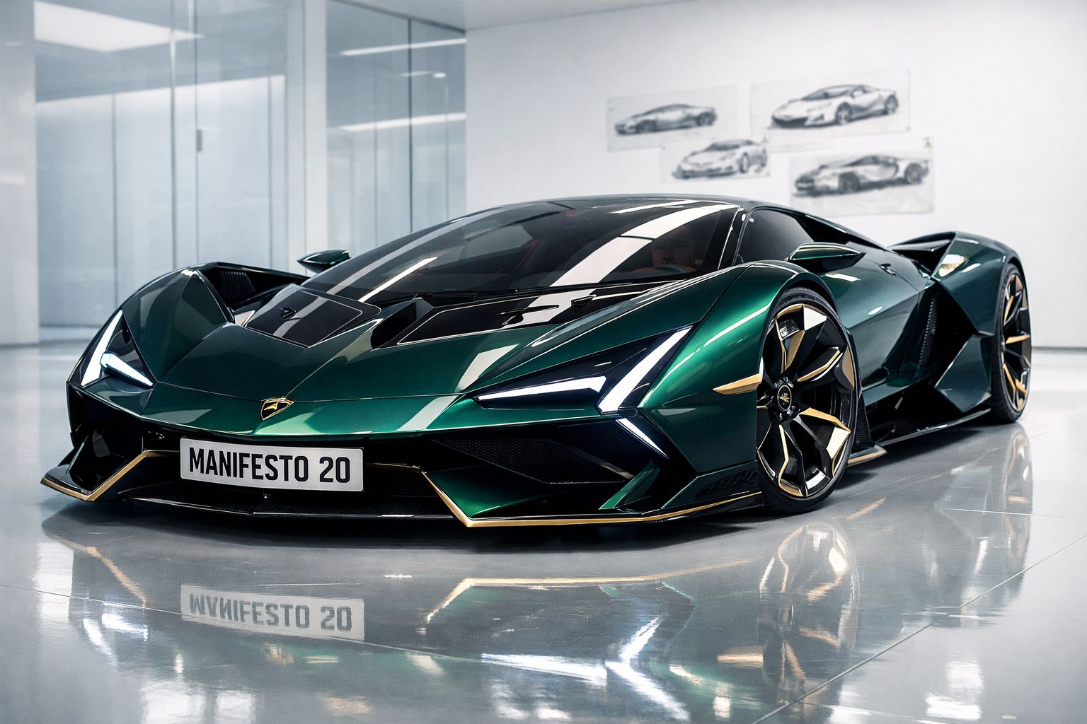 Carro desportivo verde metálico com detalhes dourados e design futurista estacionado em interior moderno.