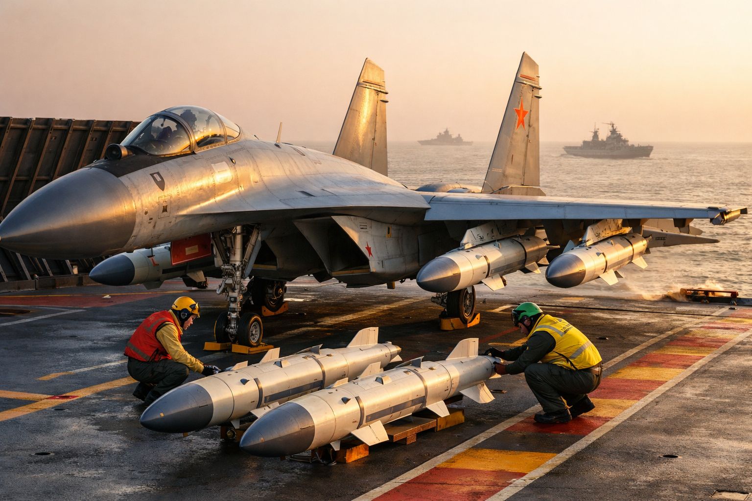 Avião militar com duas pessoas equipando mísseis numa superfície metálica junto ao mar ao pôr do sol.