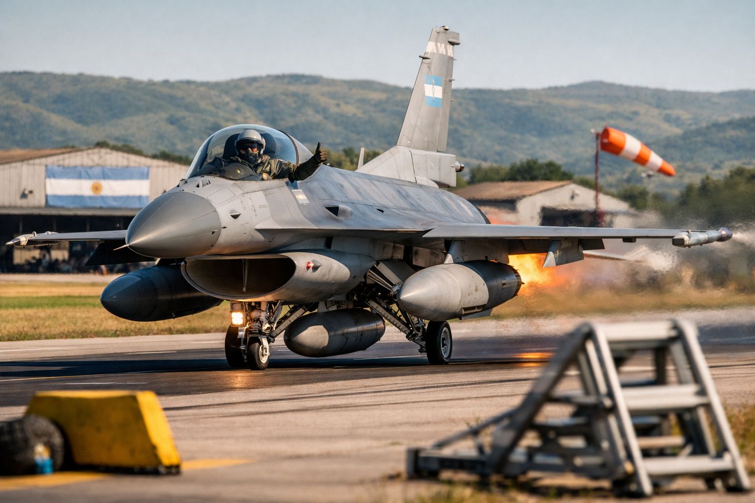 Avião de caça F-16 na pista, piloto acena com o polegar para cima, com colinas ao fundo.
