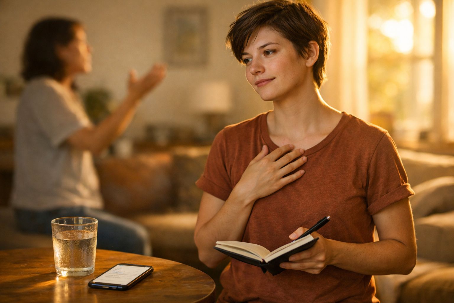Mulher sentada a ler um caderno, mão no peito, com outra pessoa desfocada a gesticular ao fundo.